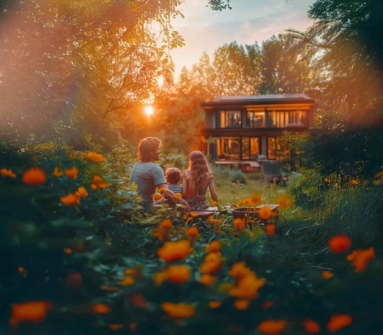 Familie im blühenden Garten mit Blick auf das beleuchtete Haus und den Sonnenuntergang