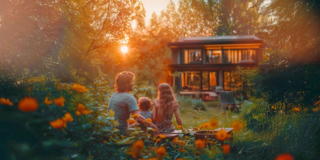 Familie im blühenden Garten mit Blick auf das beleuchtete Haus und den Sonnenuntergang