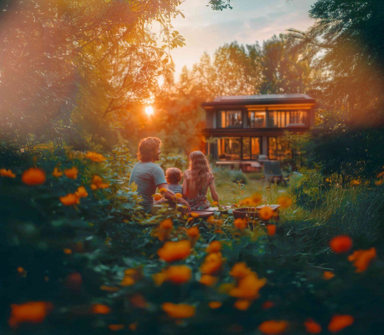 Familie im blühenden Garten mit Blick auf das beleuchtete Haus und den Sonnenuntergang