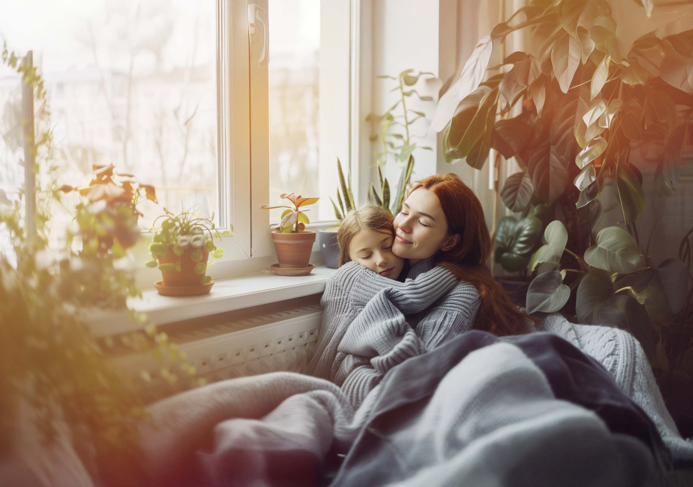 Mutter und Tochter gemütlich in Decke gehüllt zuhause am Fenster, warme Umgebung