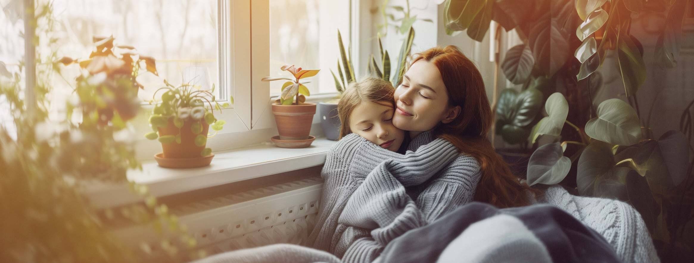 Mutter und Tochter gemütlich in Decke gehüllt zuhause am Fenster, warme Umgebung