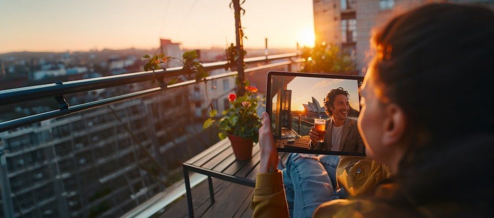 Person auf einem Balkon führt bei Sonnenuntergang einen Videoanruf über ein Tablet.