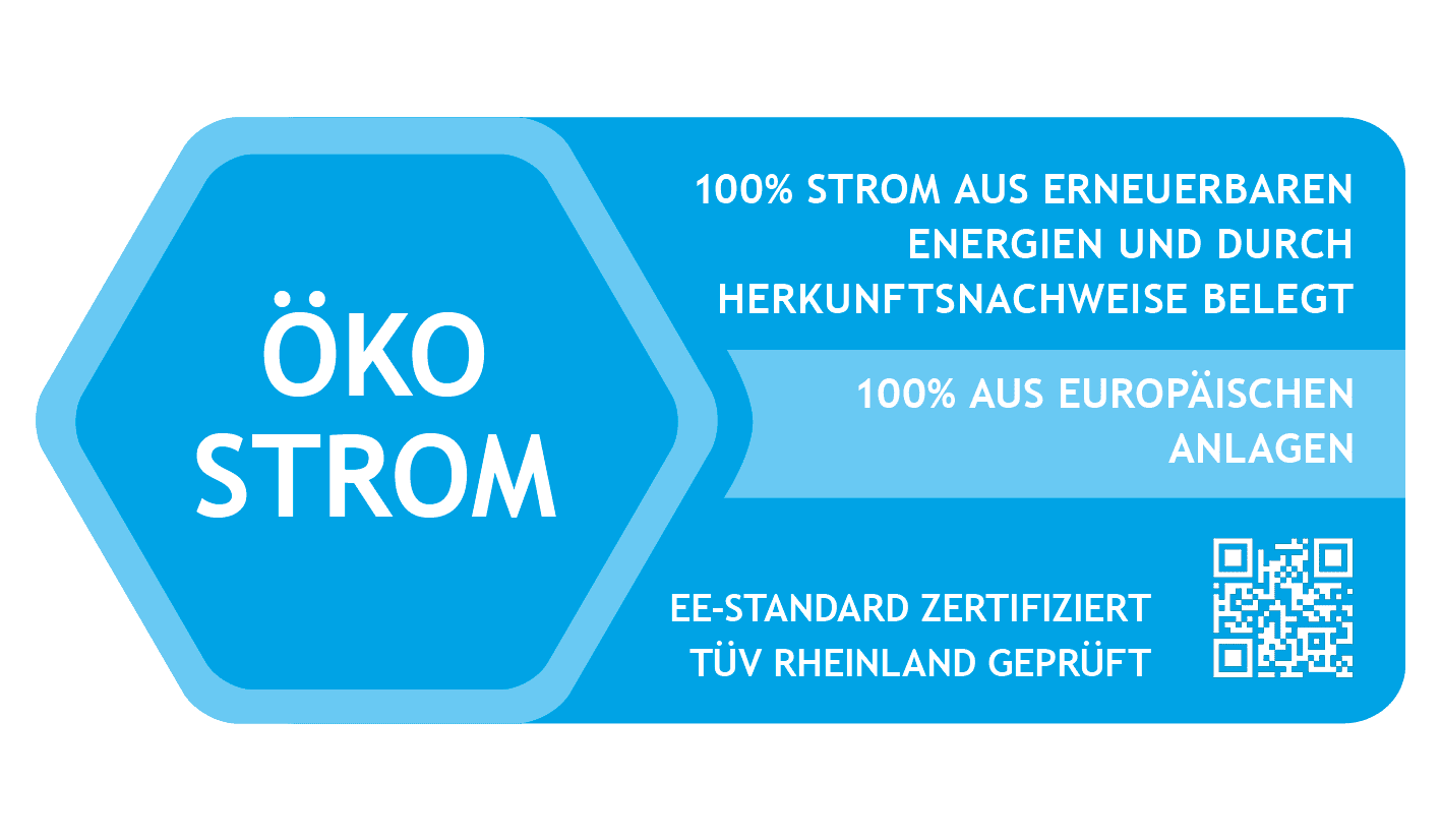 Ökostromsiegel KlimaInvest 100% Strom aus erneuerbaren Energien und durch Herkunftsnachweise belegt
