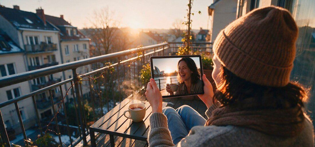 Frau sitzt auf einem Balkon und führt über ein Tablet einen Videoanruf mit einer Frau in Sydney. (KI-generiert)
