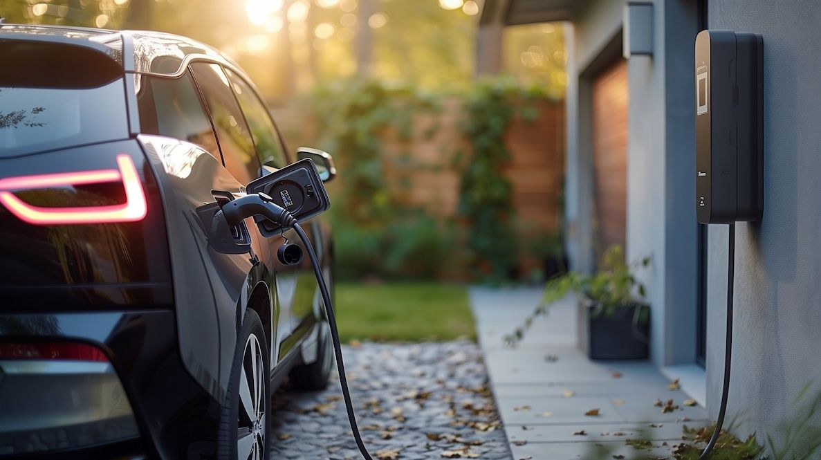 Elektroauto lädt an einer Wallbox am Einfamilienhaus als steuerbare Verbrauchseinrichtung nach § 14a EnWG